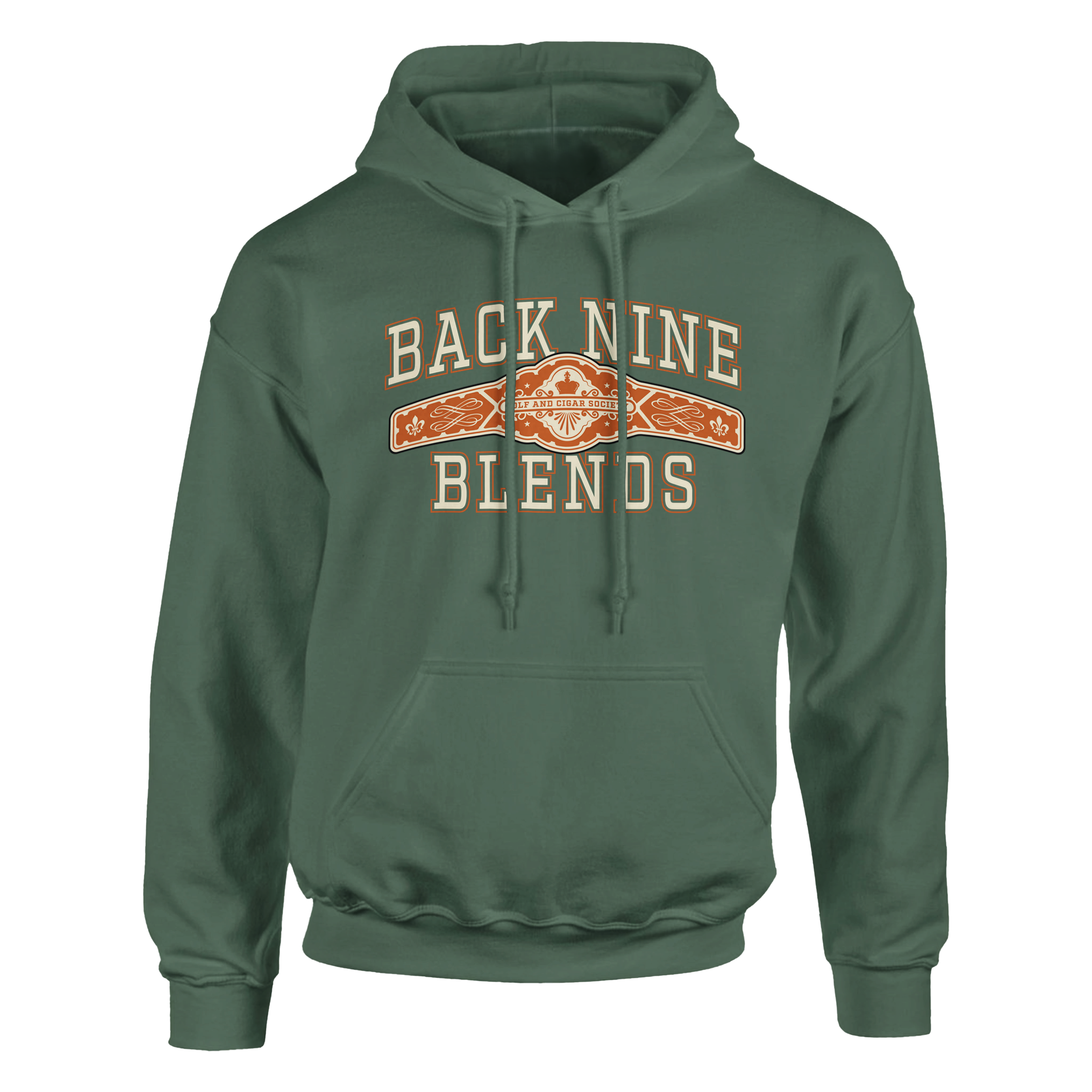 A military green pullover hoodie with a cigar band graphic on the chest reading 'BACK NINE BLENDS' in cream and orange.