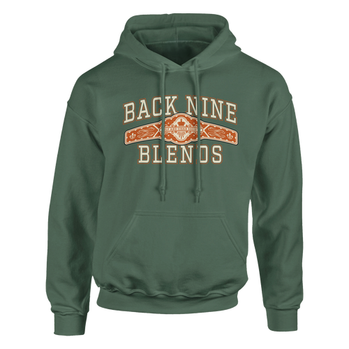 A military green pullover hoodie with a cigar band graphic on the chest reading 'BACK NINE BLENDS' in cream and orange.