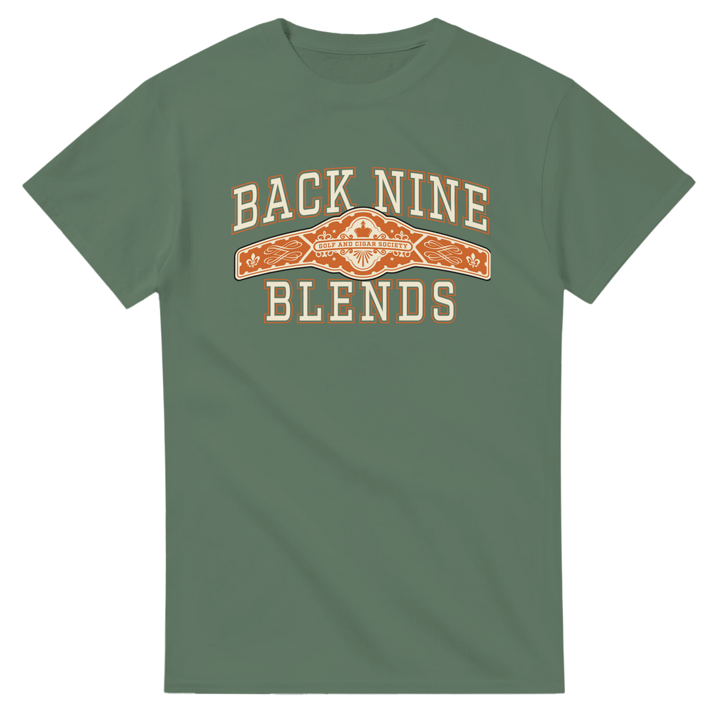 A military green tee with a cigar band graphic on the chest reading 'BACK NINE BLENDS' in cream and orange.