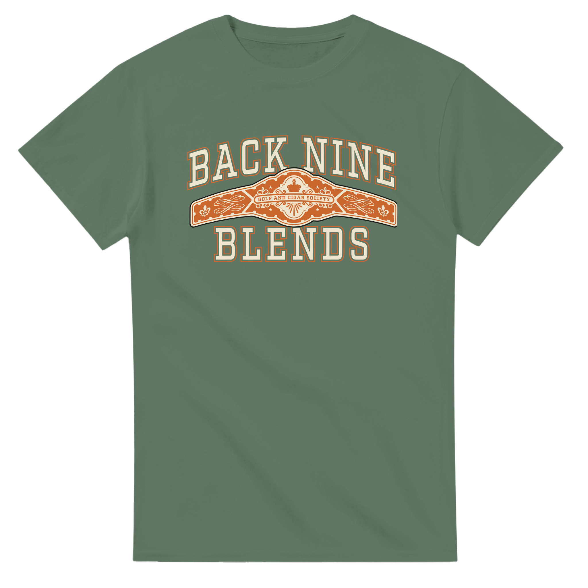 A military green tee with a cigar band graphic on the chest reading 'BACK NINE BLENDS' in cream and orange.