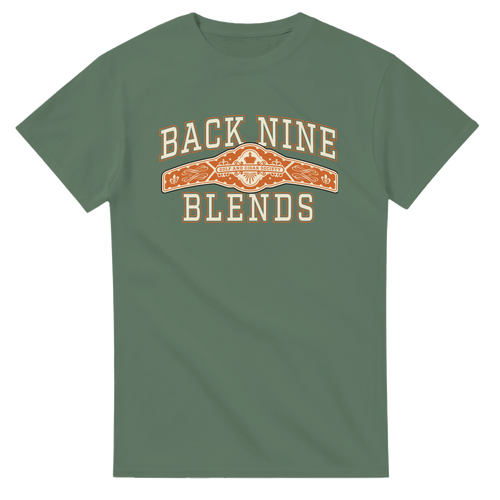 A military green tee with a cigar band graphic on the chest reading 'BACK NINE BLENDS' in cream and orange.