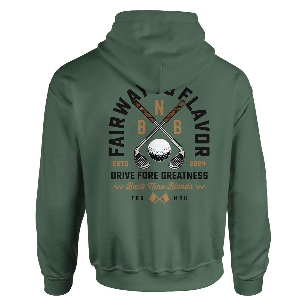 A military green pullover hoodie featuring a bold graphic of crossed golf clubs and a golf ball, with arced black text 'FAIRWAY TO FLAVOR' above, and 'DRIVE FORE GREATNESS' below.