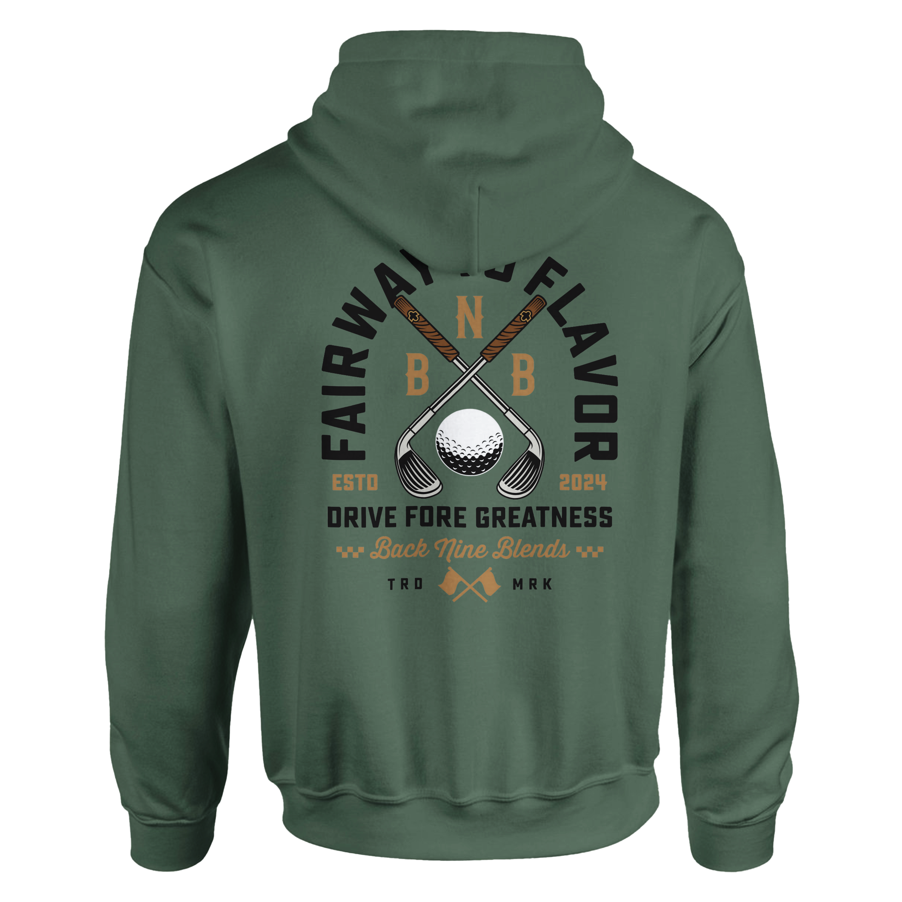 A military green pullover hoodie featuring a bold graphic of crossed golf clubs and a golf ball, with arced black text 'FAIRWAY TO FLAVOR' above, and 'DRIVE FORE GREATNESS' below.