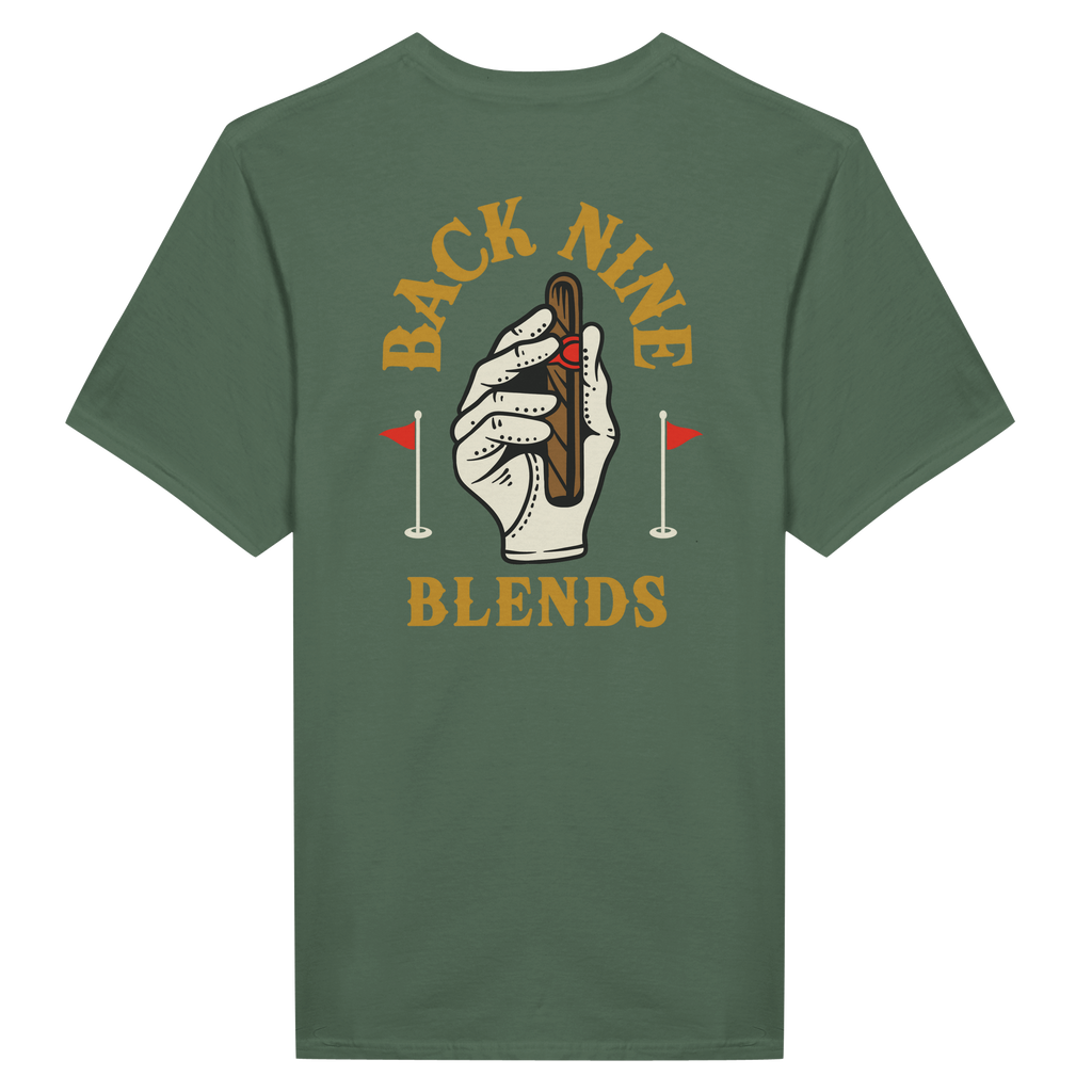 A military green tee featuring a golf glove holding a cigar, with arced gold text reading 'BACK NINE' above and 'BLENDS' below.