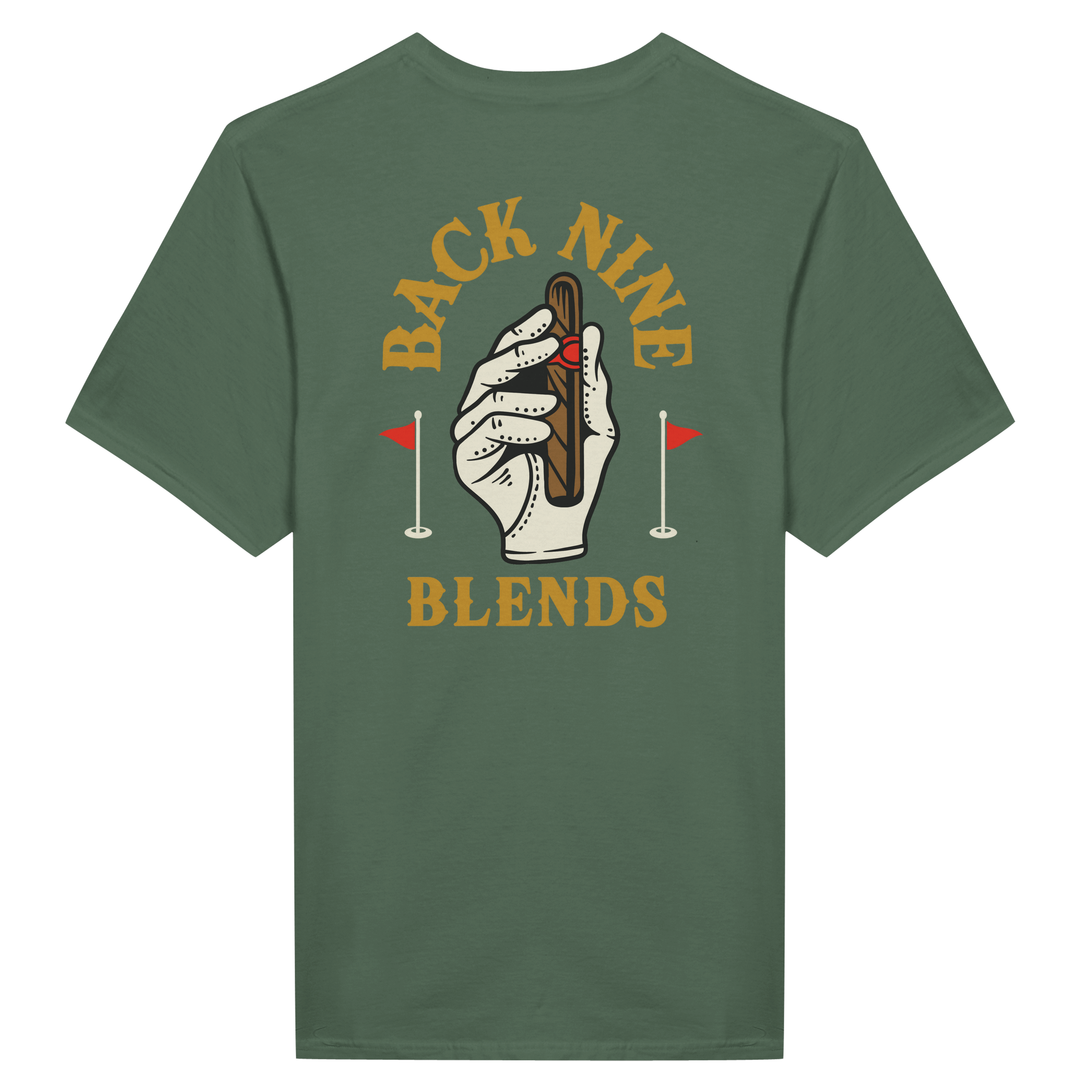 A military green tee featuring a golf glove holding a cigar, with arced gold text reading 'BACK NINE' above and 'BLENDS' below.