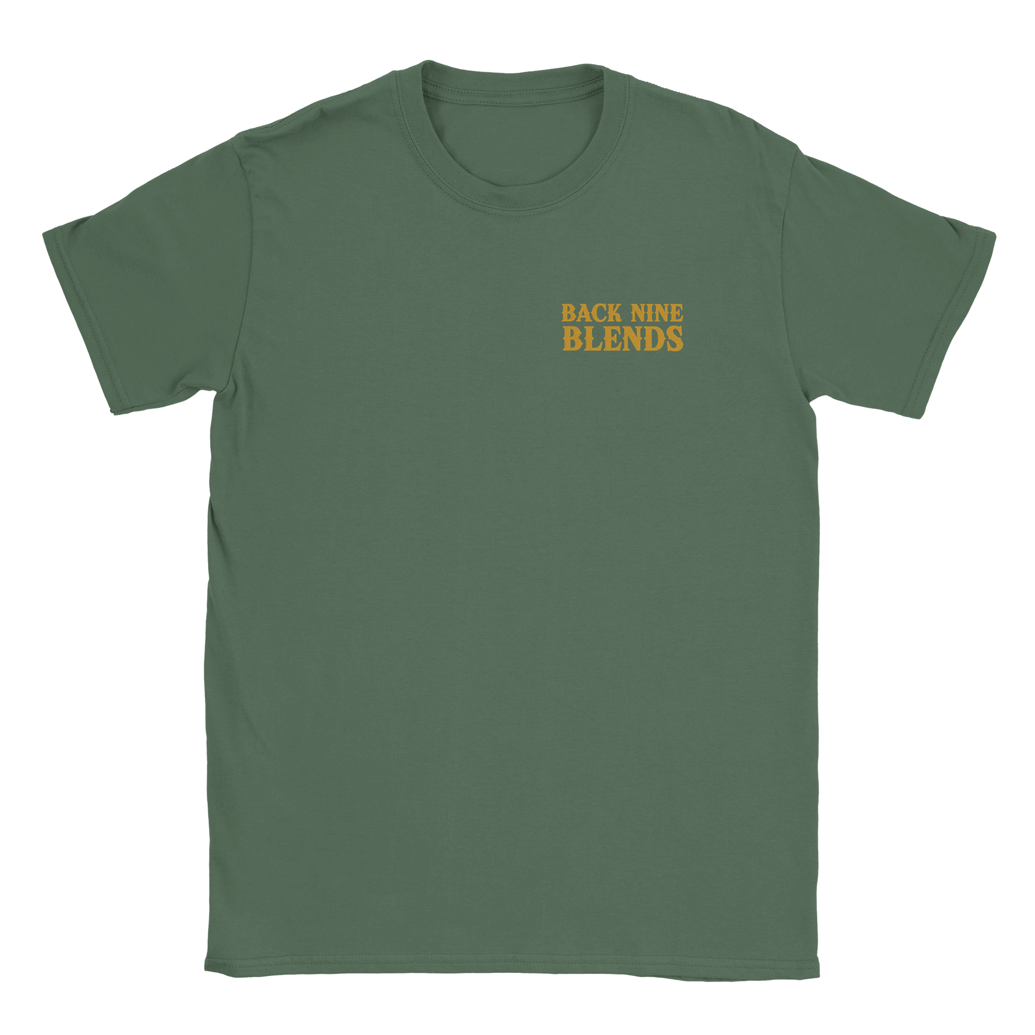 Gold 'Back Nine Blends' logo on front left chest.
