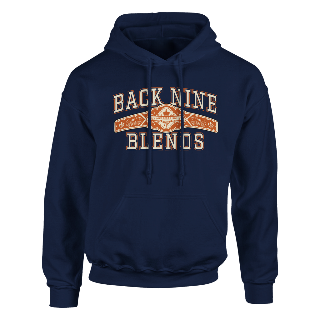 A navy blue pullover hoodie with a cigar band graphic on the chest reading 'BACK NINE BLENDS' in cream and orange.