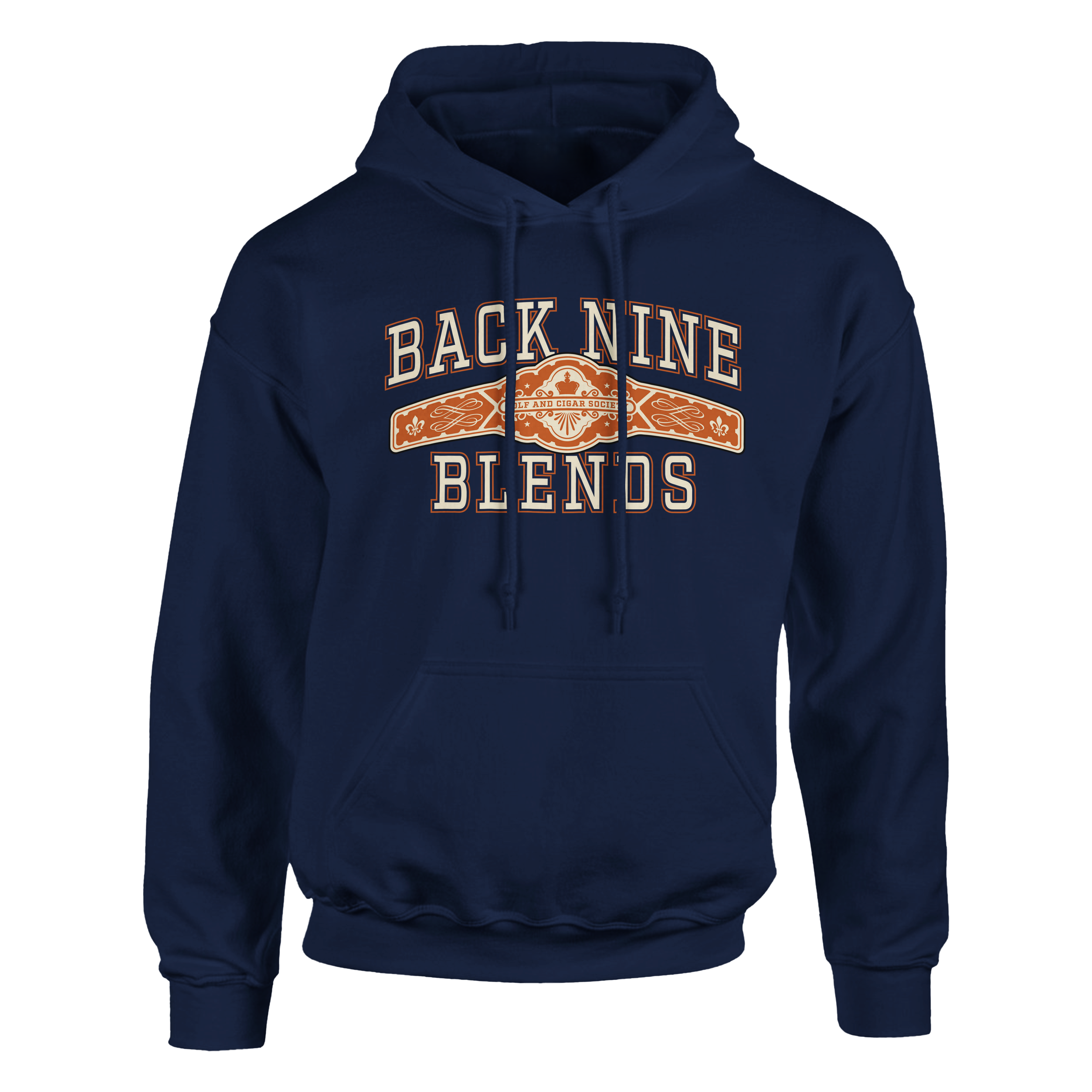 A navy blue pullover hoodie with a cigar band graphic on the chest reading 'BACK NINE BLENDS' in cream and orange.