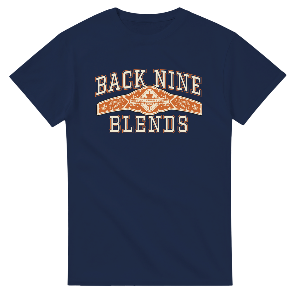 A navy blue tee with a cigar band graphic on the chest reading 'BACK NINE BLENDS' in cream and orange.