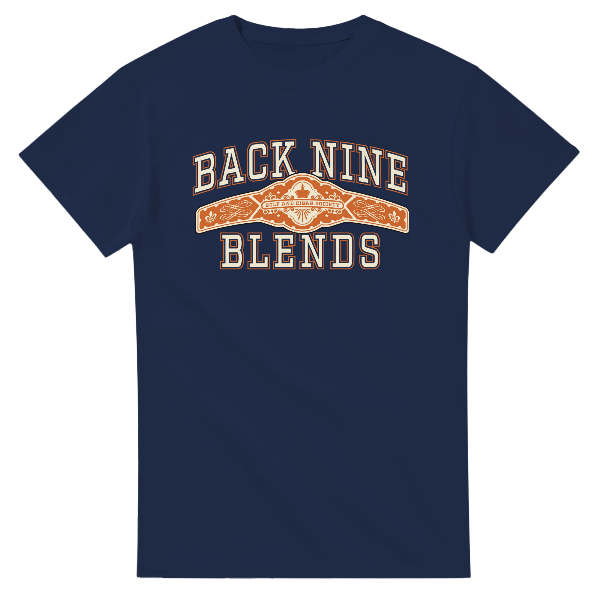A navy blue tee with a cigar band graphic on the chest reading 'BACK NINE BLENDS' in cream and orange.