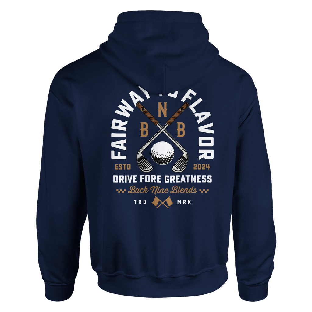 A navy blue pullover hoodie featuring a bold graphic of crossed golf clubs and a golf ball, with arced white text 'FAIRWAY TO FLAVOR' above, and 'DRIVE FORE GREATNESS' below.