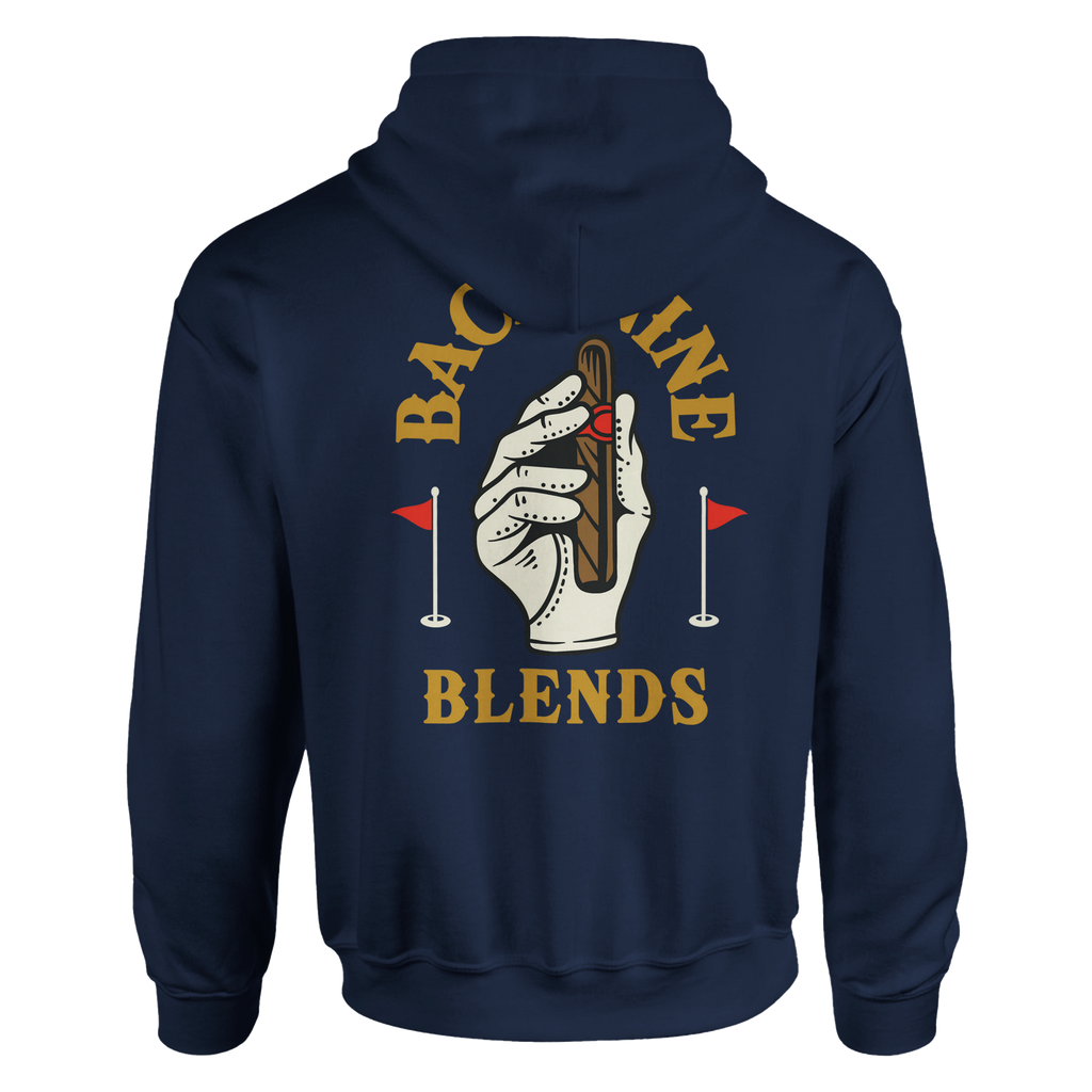 A navy blue pullover hoodie featuring a golf glove holding a cigar, with arced gold text reading 'BACK NINE' above and 'BLENDS' below.