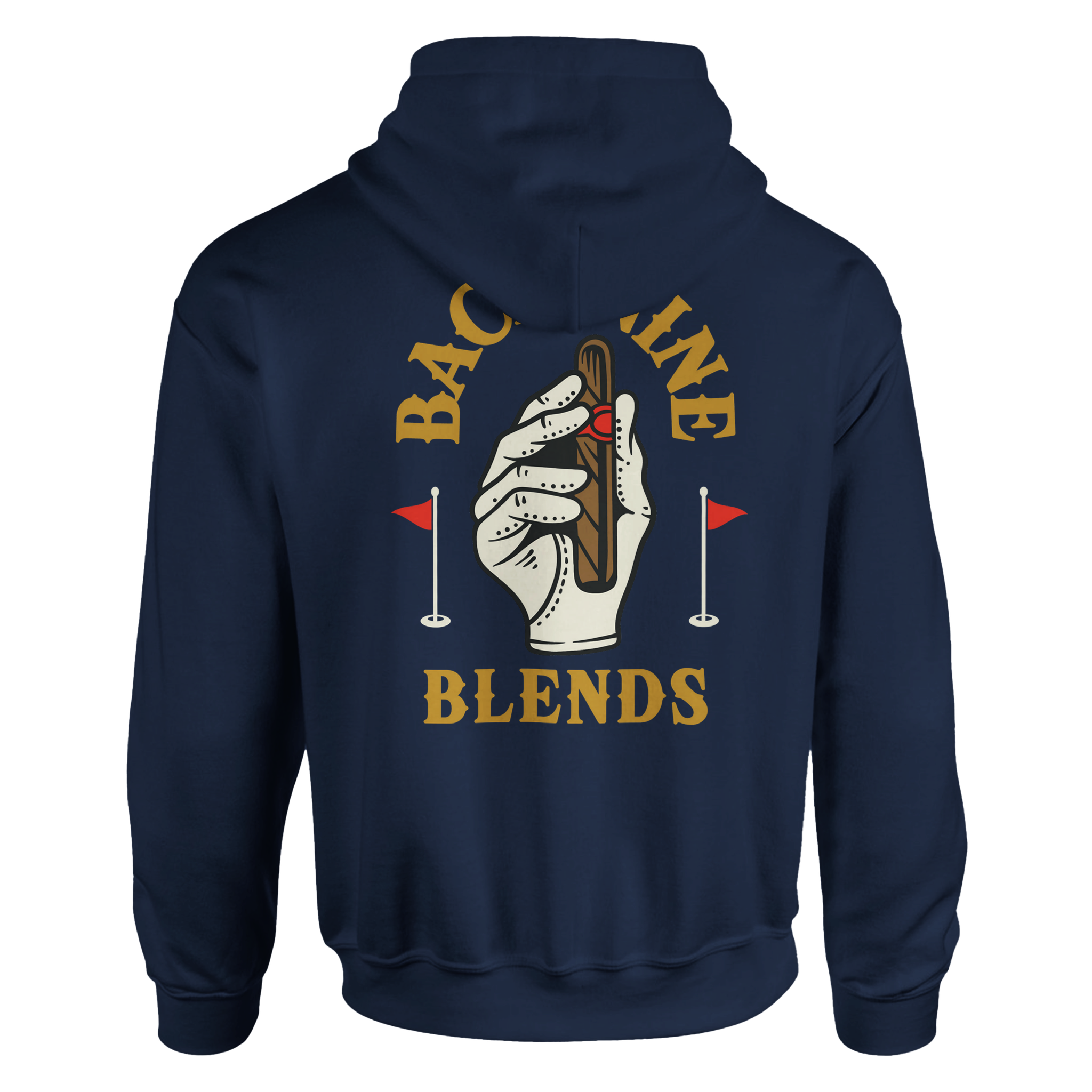 A navy blue pullover hoodie featuring a golf glove holding a cigar, with arced gold text reading 'BACK NINE' above and 'BLENDS' below.