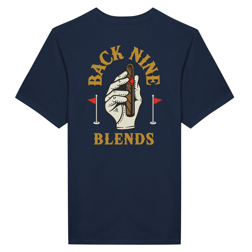 A navy blue tee featuring a golf glove holding a cigar, with arced gold text reading 'BACK NINE' above and 'BLENDS' below.