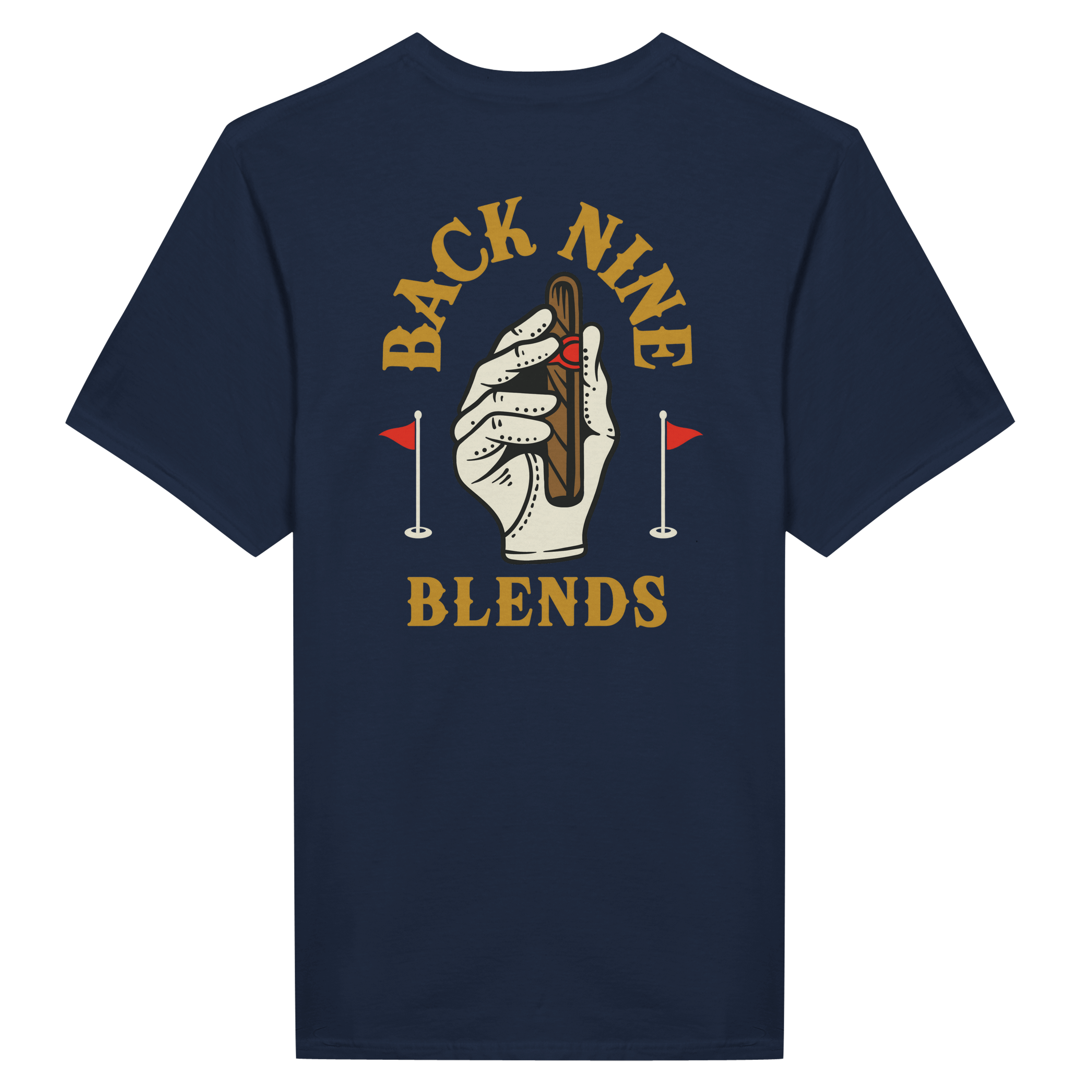A navy blue tee featuring a golf glove holding a cigar, with arced gold text reading 'BACK NINE' above and 'BLENDS' below.