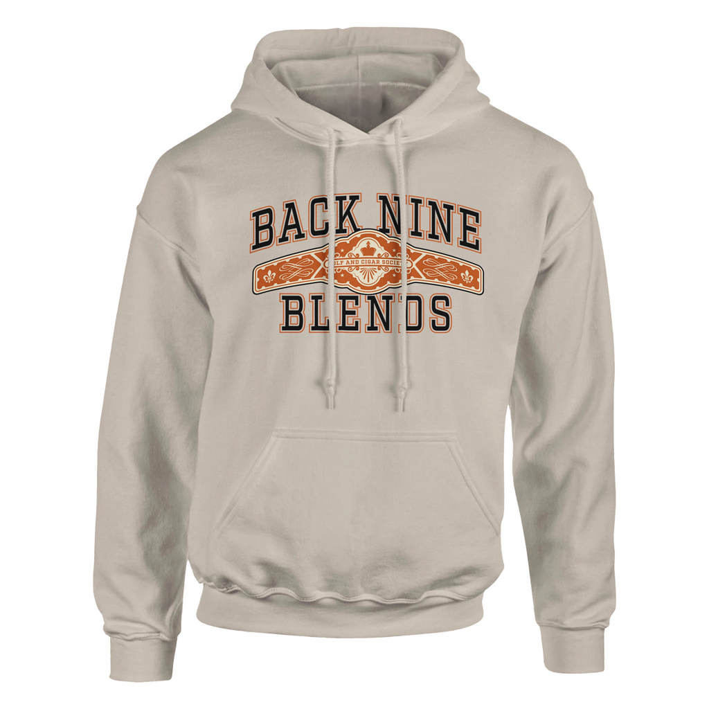 A sand pullover hoodie with a cigar band graphic on the chest reading 'BACK NINE BLENDS' in black and orange.