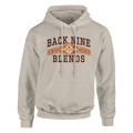 A sand pullover hoodie with a cigar band graphic on the chest reading 'BACK NINE BLENDS' in black and orange.