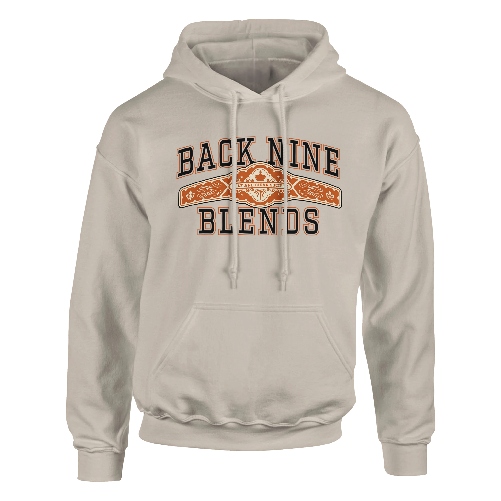 A sand pullover hoodie with a cigar band graphic on the chest reading 'BACK NINE BLENDS' in black and orange.