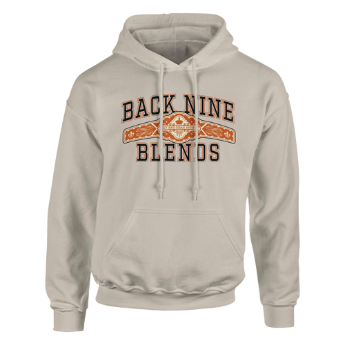 A sand pullover hoodie with a cigar band graphic on the chest reading 'BACK NINE BLENDS' in black and orange.