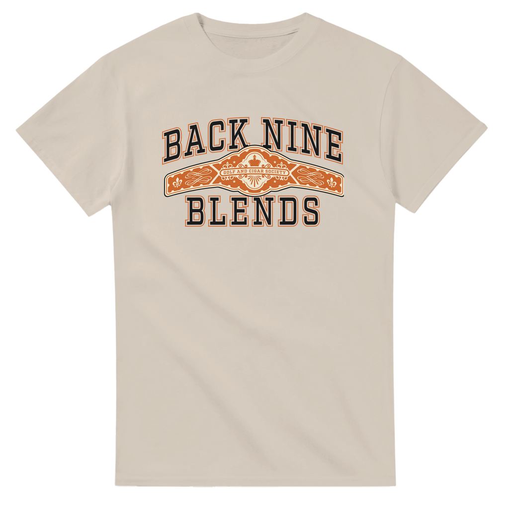 A sand tee with a cigar band graphic on the chest reading 'BACK NINE BLENDS' in black and orange.