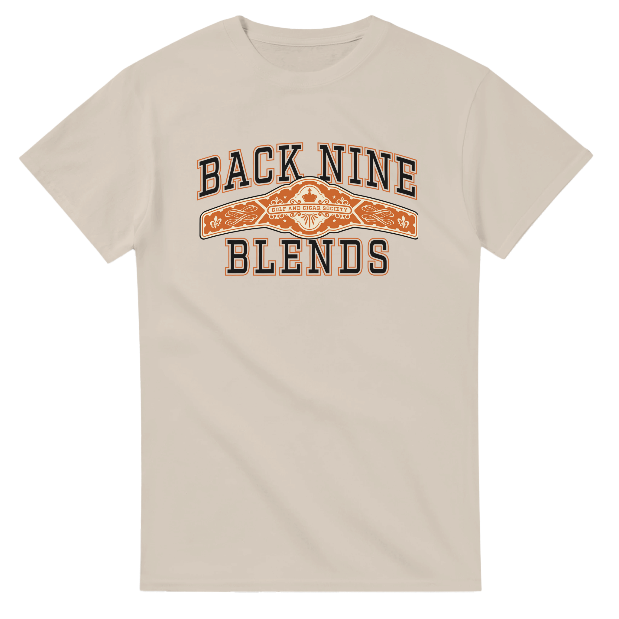 A sand tee with a cigar band graphic on the chest reading 'BACK NINE BLENDS' in black and orange.