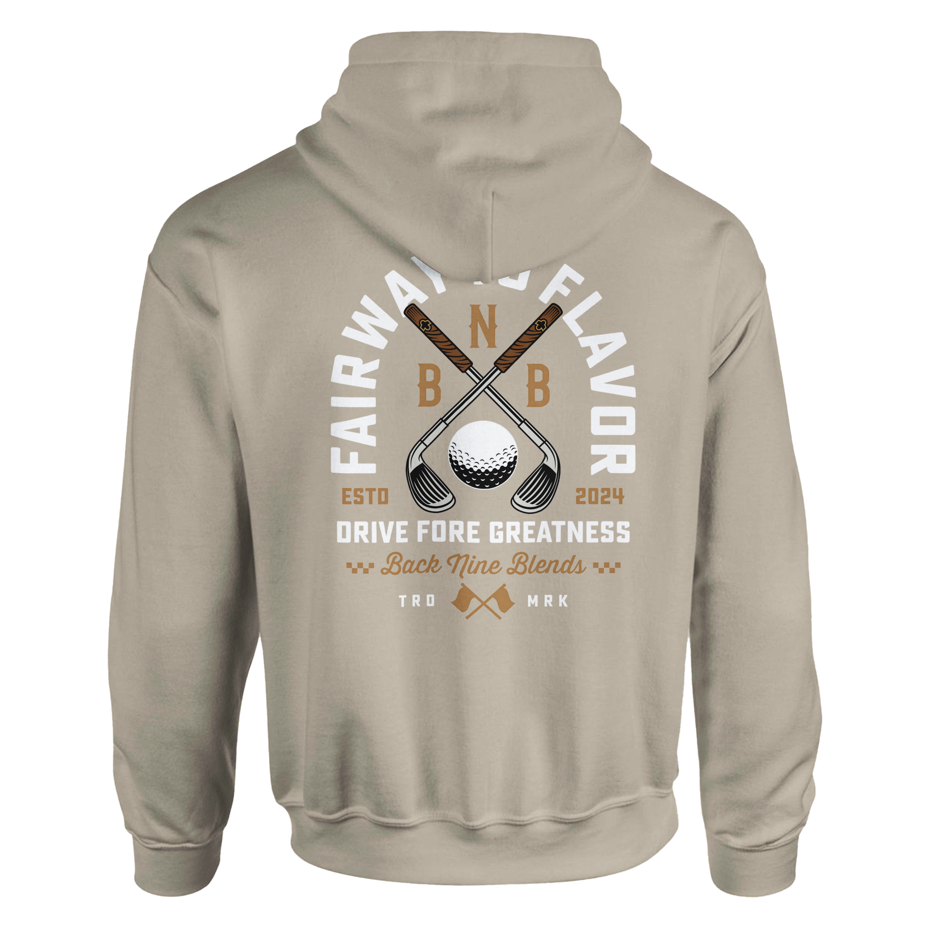 A sand pullover hoodie featuring a bold graphic of crossed golf clubs and a golf ball, with arced white text 'FAIRWAY TO FLAVOR' above, and 'DRIVE FORE GREATNESS' below.