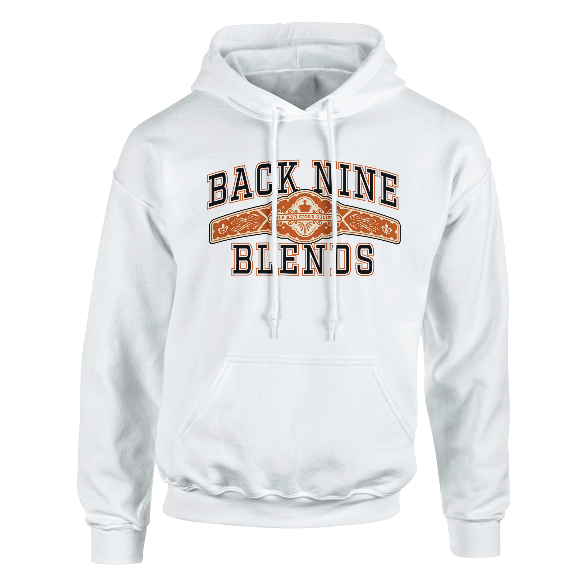 A white pullover hoodie with a cigar band graphic on the chest reading 'BACK NINE BLENDS' in black and orange.