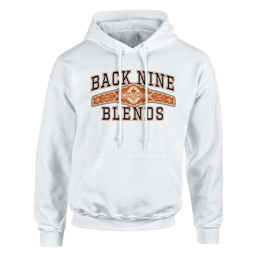 A white pullover hoodie with a cigar band graphic on the chest reading 'BACK NINE BLENDS' in black and orange.