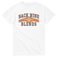 A white tee with a cigar band graphic on the chest reading 'BACK NINE BLENDS' in black and orange.
