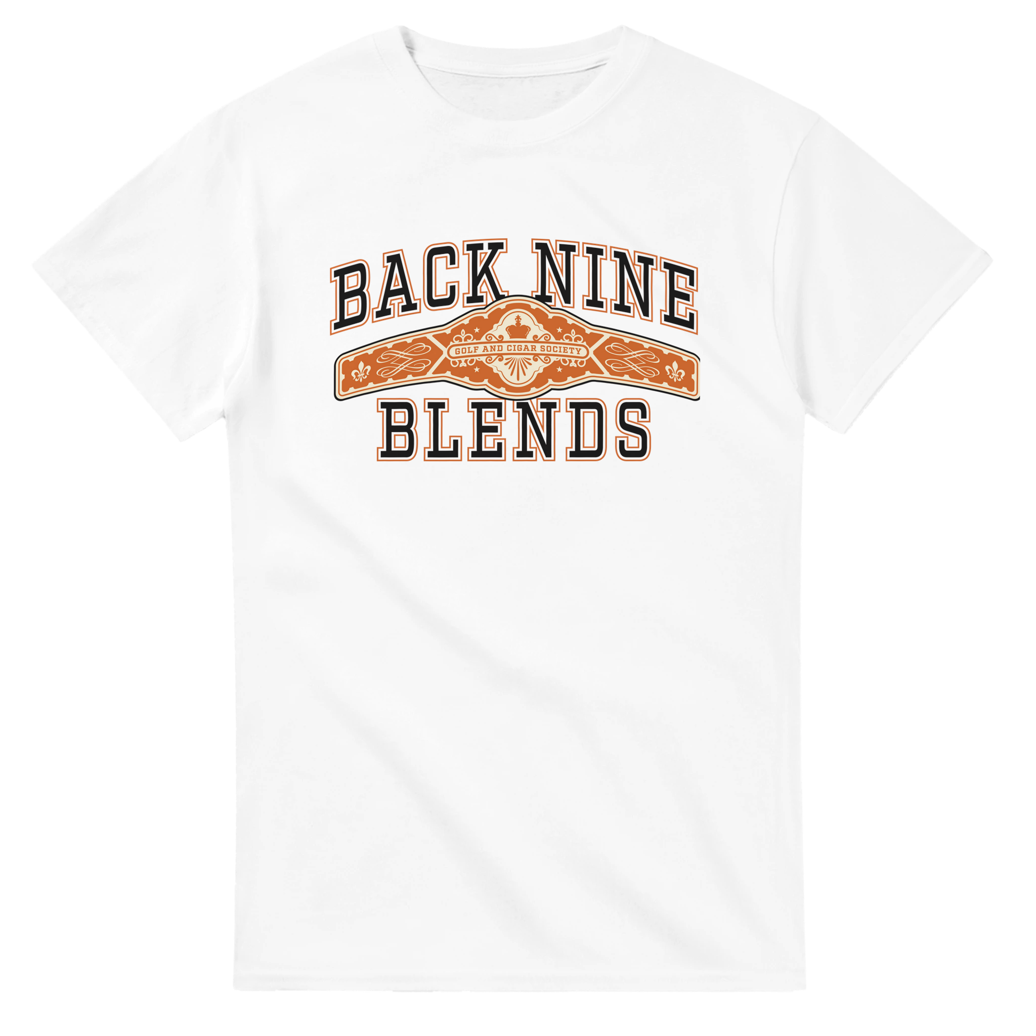 A white tee with a cigar band graphic on the chest reading 'BACK NINE BLENDS' in black and orange.