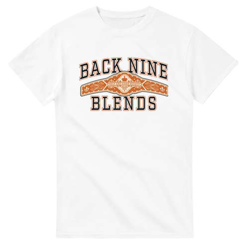 A white tee with a cigar band graphic on the chest reading 'BACK NINE BLENDS' in black and orange.