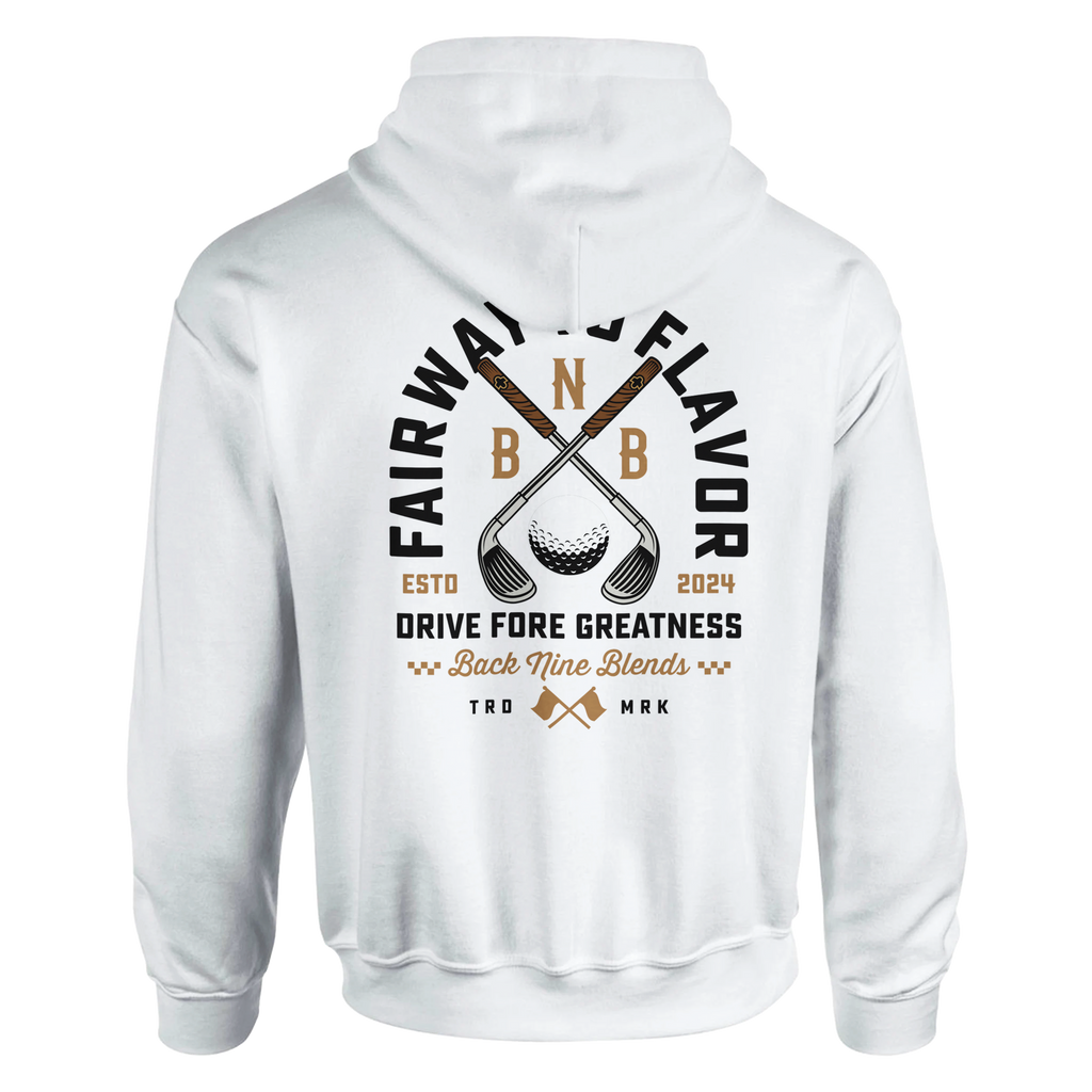 A white pullover hoodie featuring a bold graphic of crossed golf clubs and a golf ball, with arced black text 'FAIRWAY TO FLAVOR' above, and 'DRIVE FORE GREATNESS' below.
