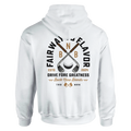 A white pullover hoodie featuring a bold graphic of crossed golf clubs and a golf ball, with arced black text 'FAIRWAY TO FLAVOR' above, and 'DRIVE FORE GREATNESS' below.