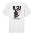 A white tee featuring a bold graphic of a samurai wielding a golf club, with black text 'SLICES AND HOOKS' above the artwork and 'WITH IRON PRECISION' below it.