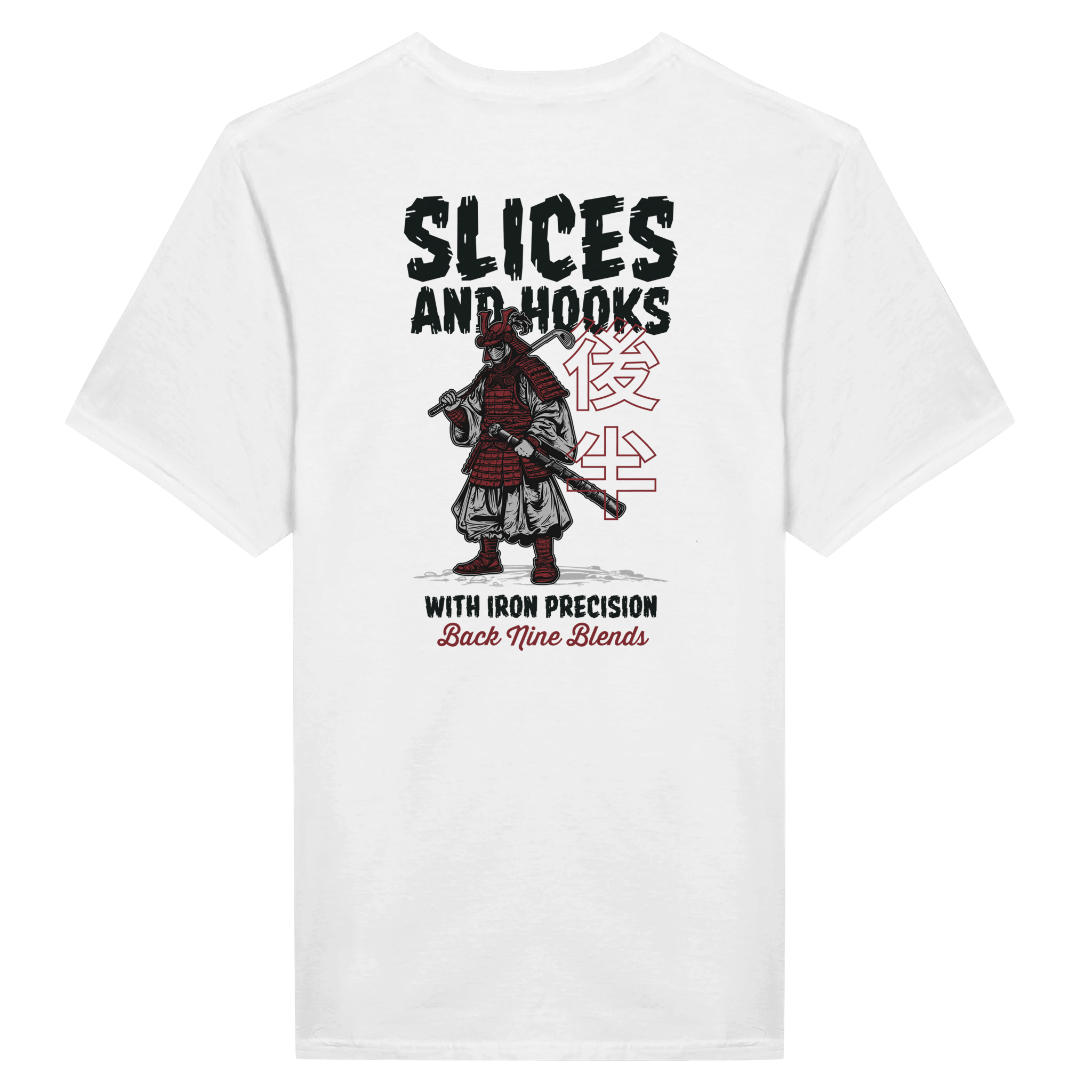A white tee featuring a bold graphic of a samurai wielding a golf club, with black text 'SLICES AND HOOKS' above the artwork and 'WITH IRON PRECISION' below it.