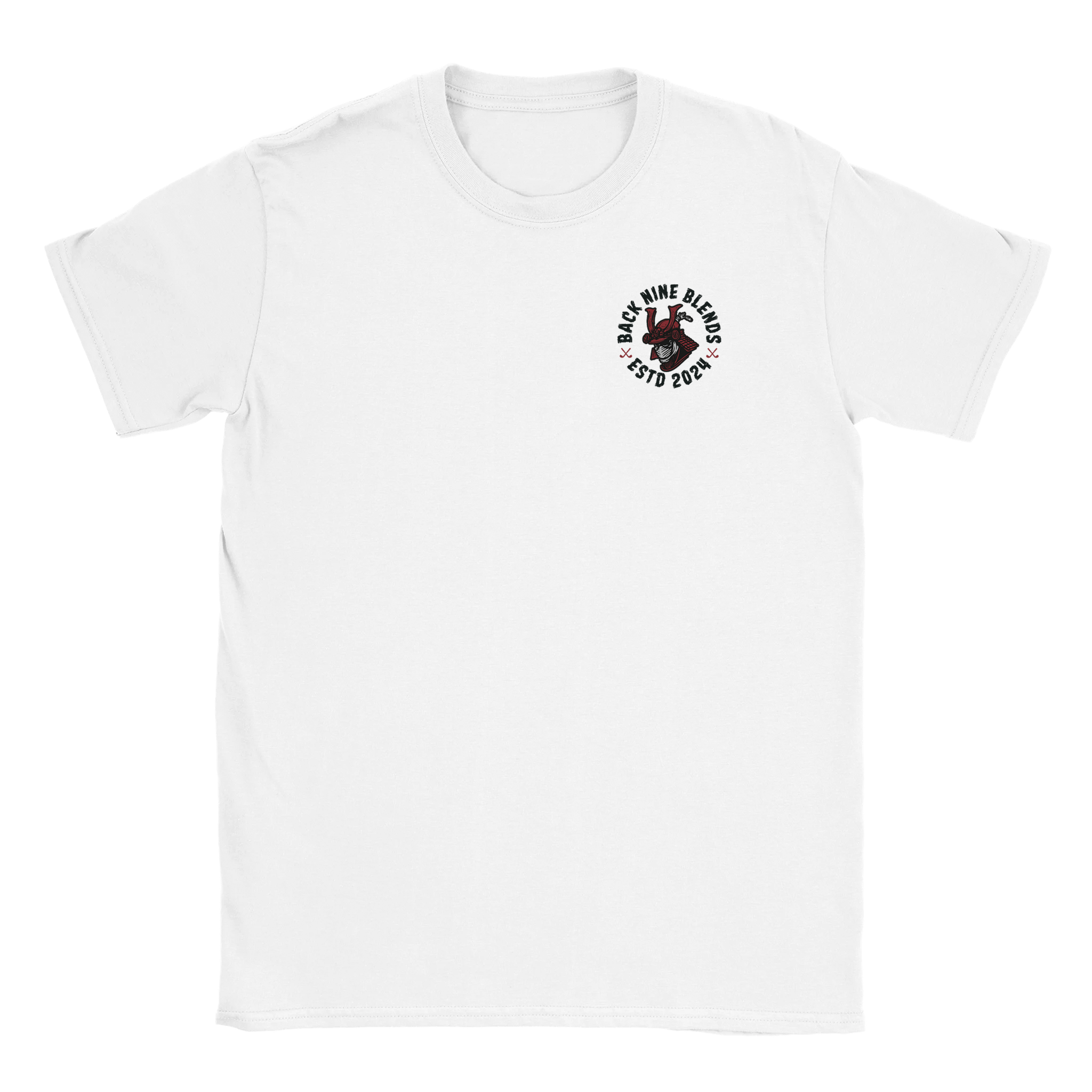 A white tee featuring a samurai logo on the chest, surrounded by circular black text 'BACK NINE BLENDS' and 'ESTD 2024'.